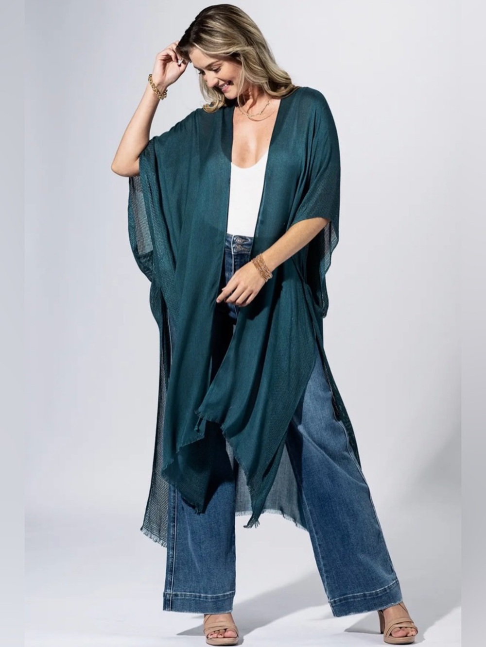 Deep Teal Flow Duster Kimono - Picture 2 of 5